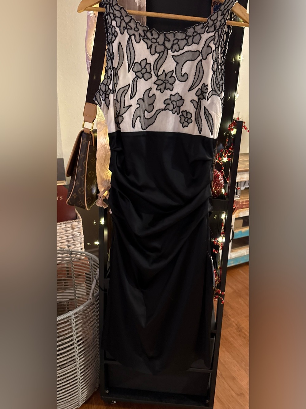 Suzi Chin for Maggy Boutique Black and White Embroidered Bodice Midi Dress